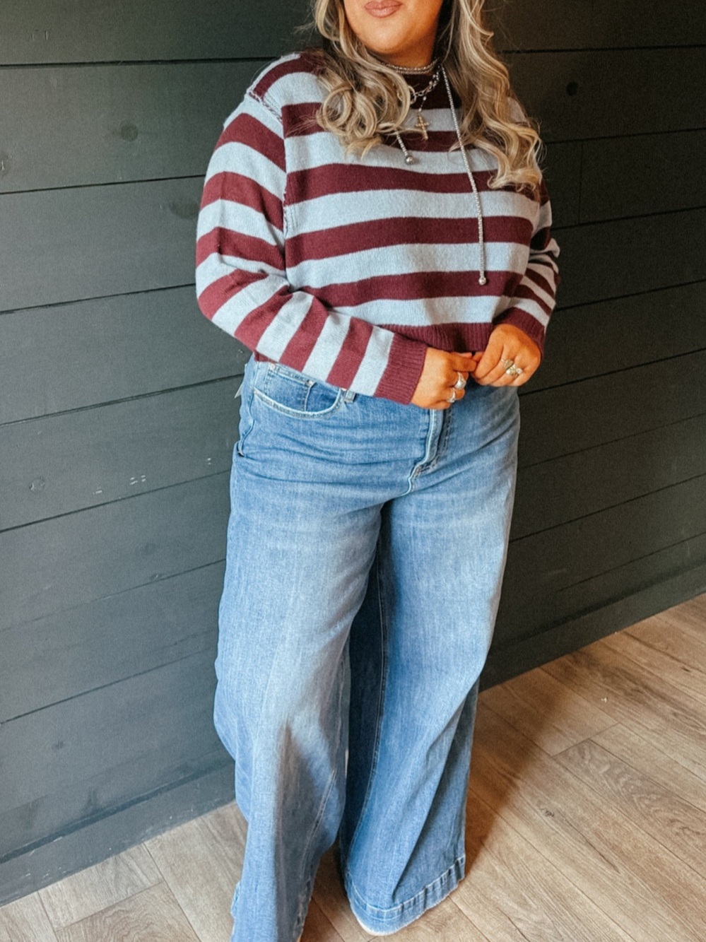 Double Zero Cherry Mocha and Blue Stripe Boatneck Sweater